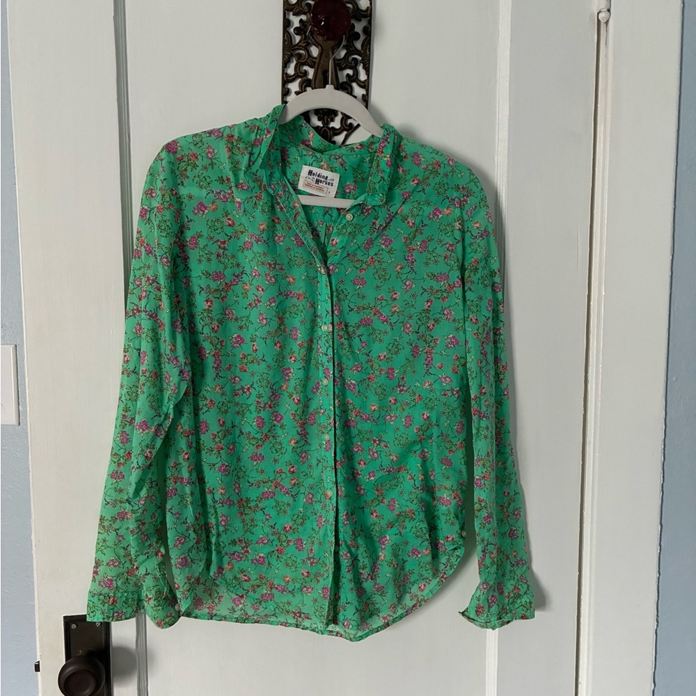 Anthopologie Holding Horses Green Floral Button-Front
